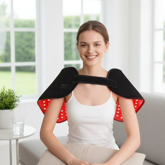 Woman wearing black wearable red light therapy shoulder and neck wrap with glowing red LEDs in a wellness setting