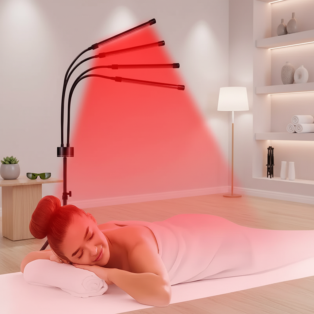 4-tube red light therapy floor lamp with flexible gooseneck arms on adjustable black metal tripod stand glowing with warm red LED light in a home wellness room