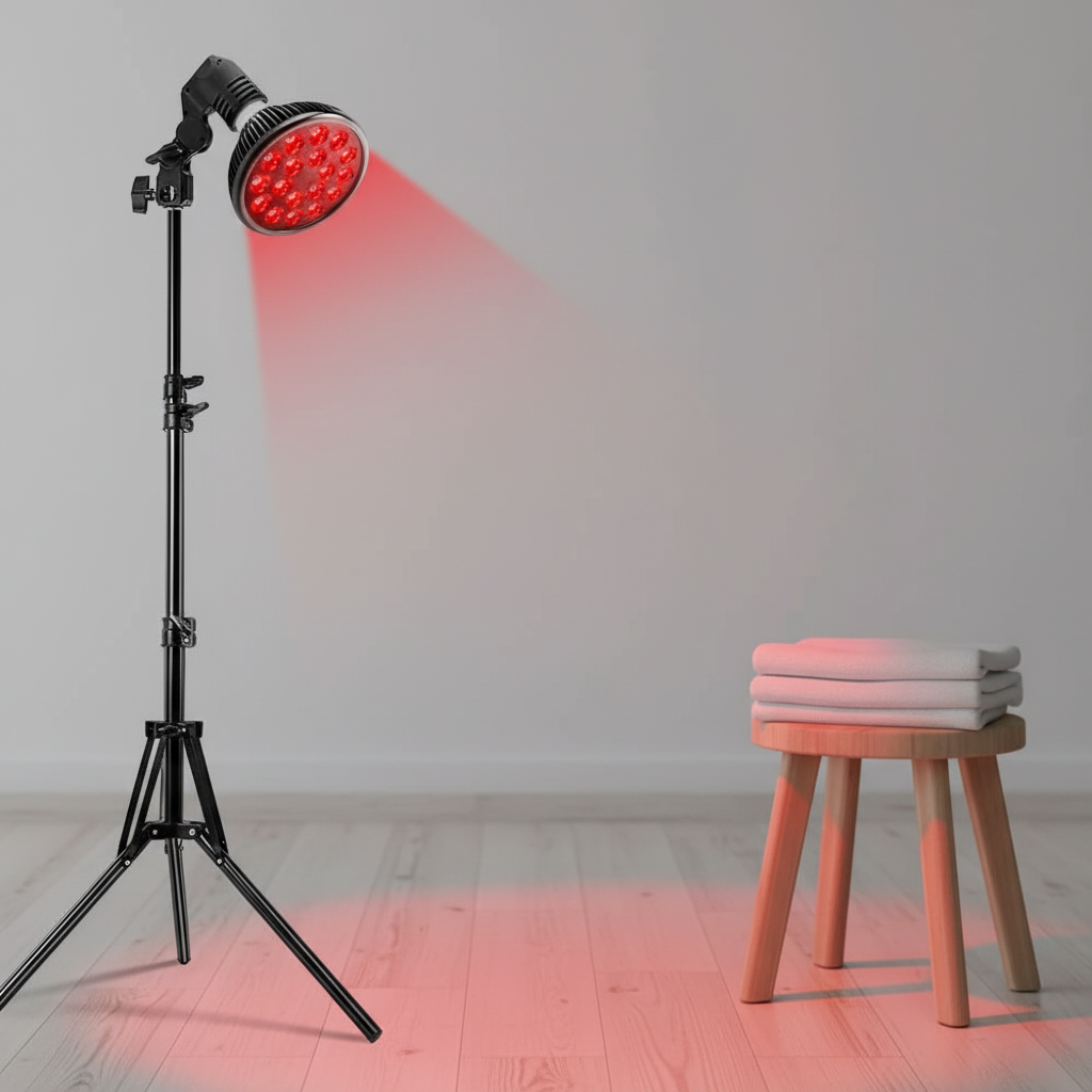 54W LED red light therapy lamp with 18 chips on adjustable floor stand in wellness room