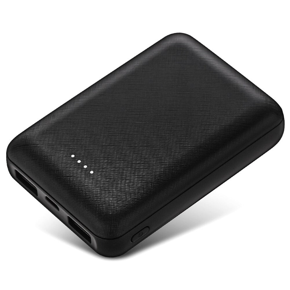 A black portable battery pack with two USB ports designed for heated garments.