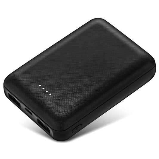 A black portable battery pack with two USB ports designed for heated garments.