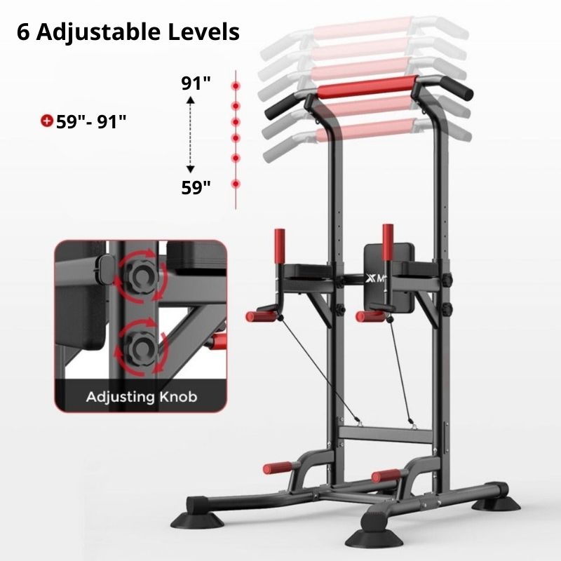 Multi-Function Power Station 4-in-1 Power Tower With Chin Up Bar Push Up Handles Leg Raises Dip Station