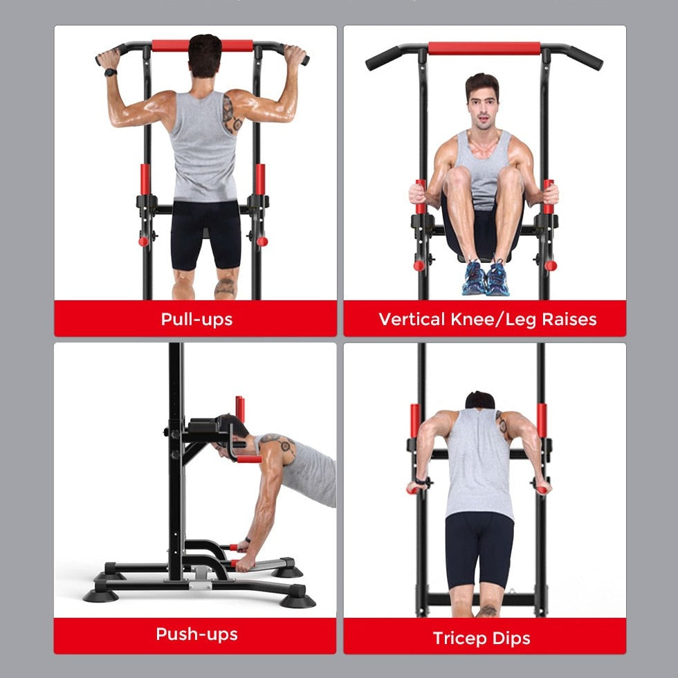 Multi-Function Power Station 4-in-1 Power Tower With Chin Up Bar Push Up Handles Leg Raises Dip Station