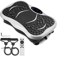 A vibration fitness machine with a remote control, featuring a platform with a textured surface for whole body exercise, accompanied by resistance bands.