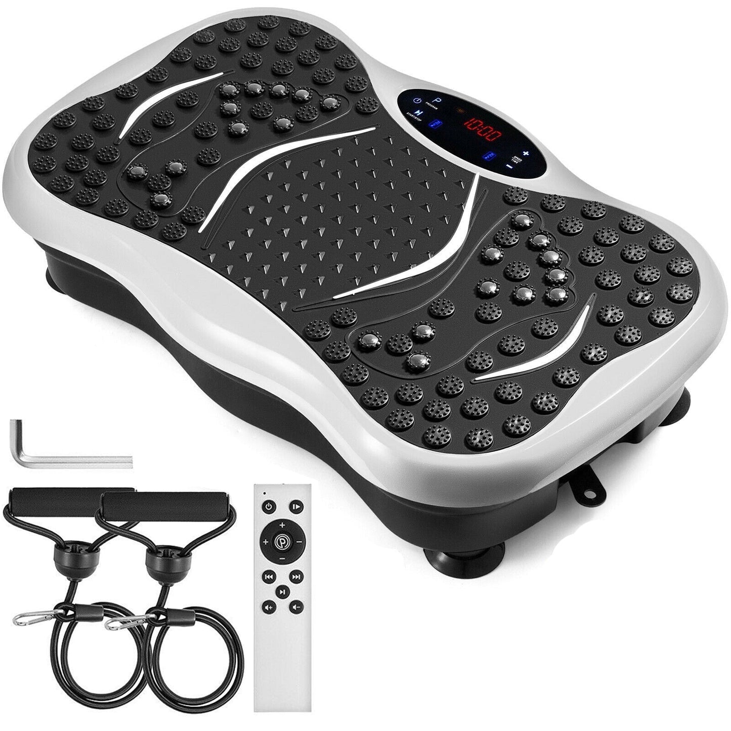 A vibration fitness machine with a remote control, featuring a platform with a textured surface for whole body exercise, accompanied by resistance bands.