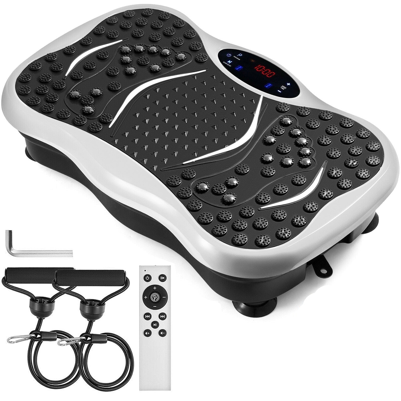 A vibration fitness machine with a remote control, featuring a platform with a textured surface for whole body exercise, accompanied by resistance bands.