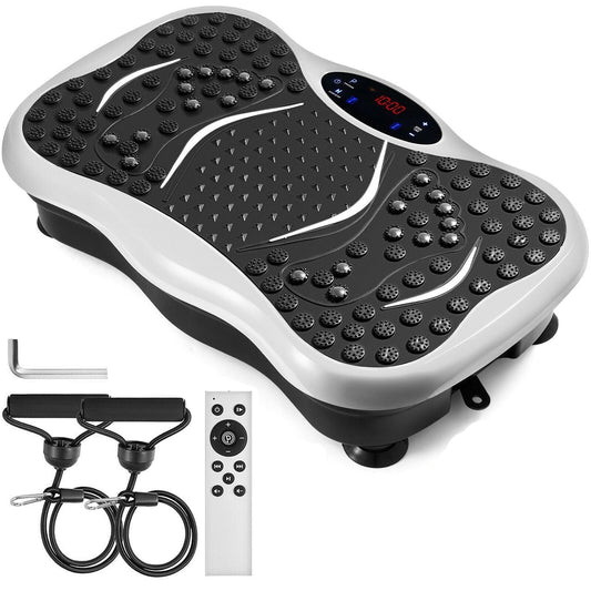 A vibration fitness machine with a remote control, featuring a platform with a textured surface for whole body exercise, accompanied by resistance bands.