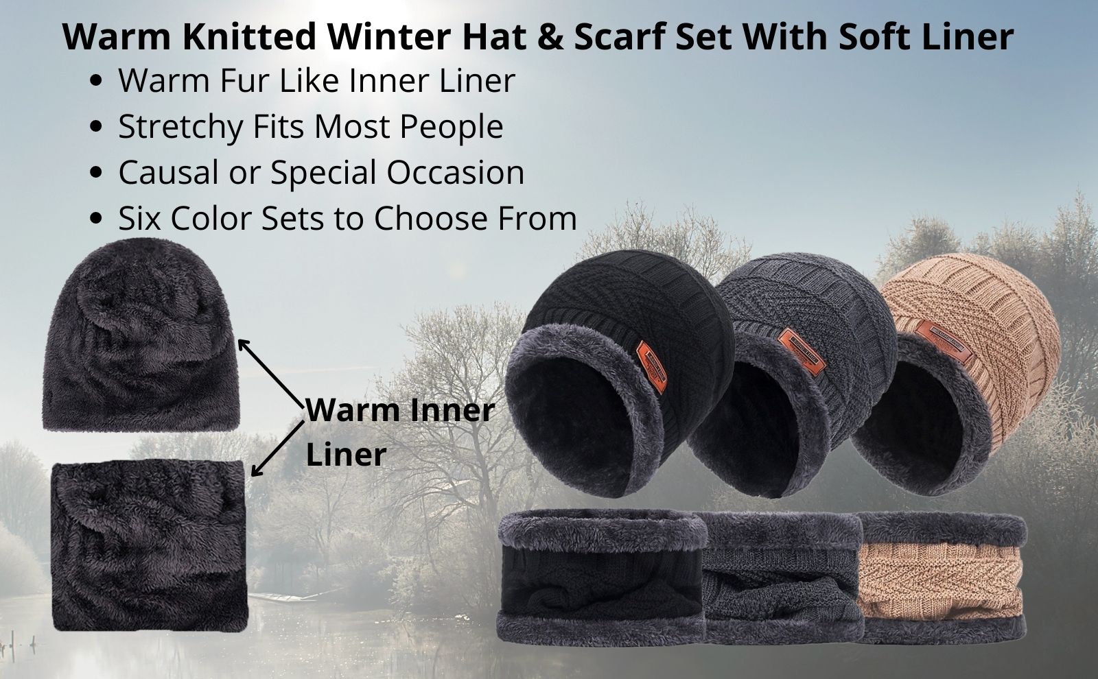Warm Winter Hat And Scarf Set Knitted Winter Beanie Soft Fur Like Liner Winter Cap Neck Warmer Unisex