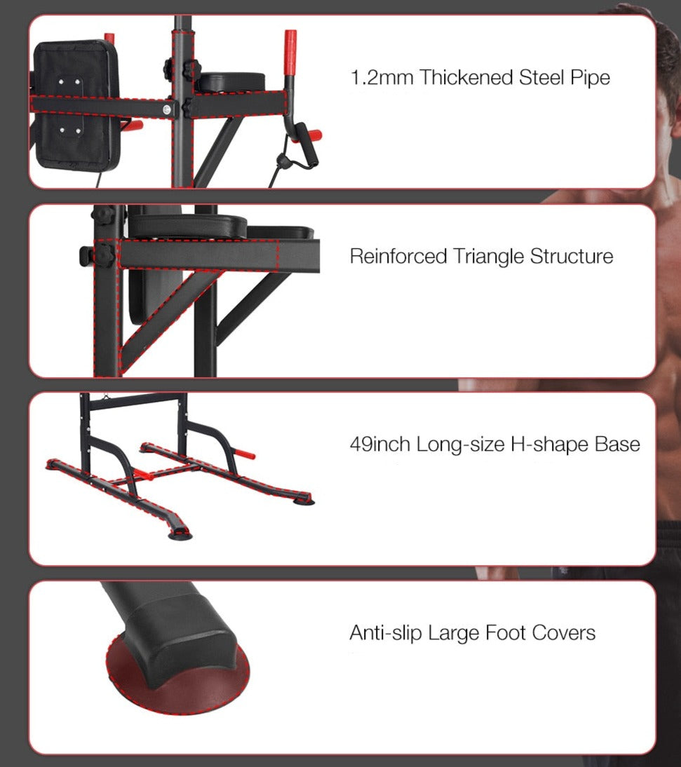 Multi-Function Power Station 4-in-1 Power Tower With Chin Up Bar Push Up Handles Leg Raises Dip Station