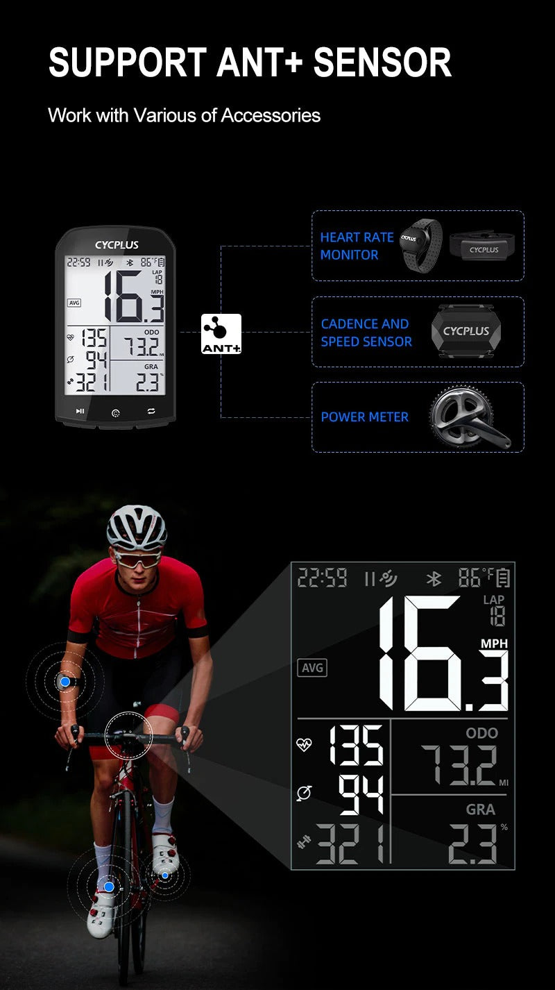 Bike Computer With Heart Rate Sensor 2.9 inch LCD Screen GPS Wireless Odometer Speedometer