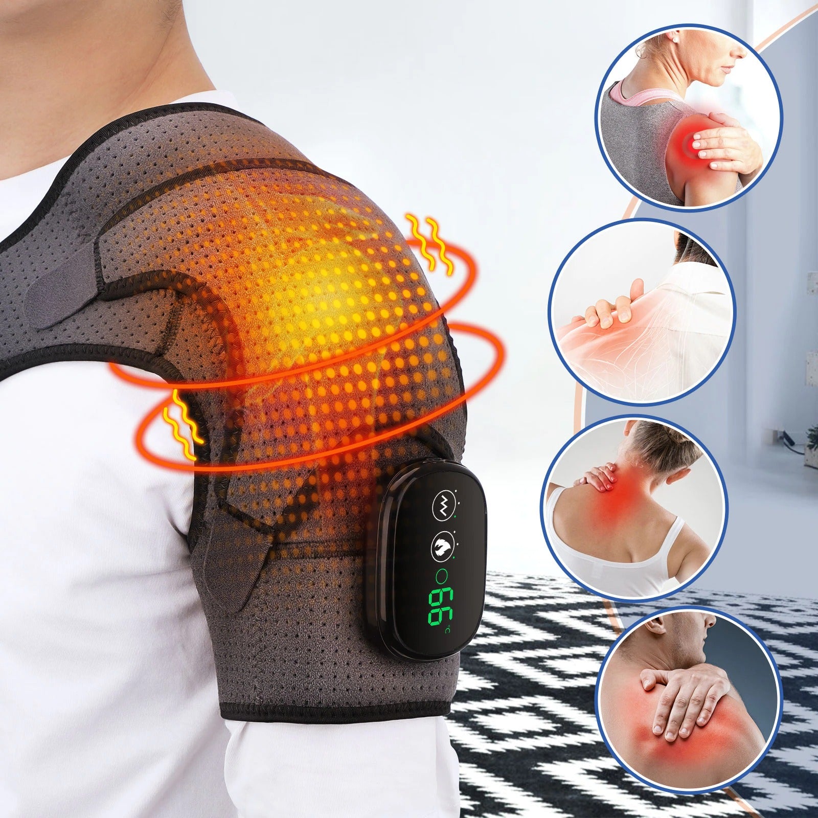 Rechargeable Heated Shoulder Brace Wrap Vibration Massage 3 Infrared Heating Setting Rotator Cuff Frozen Shoulder Pain Relief Unisex