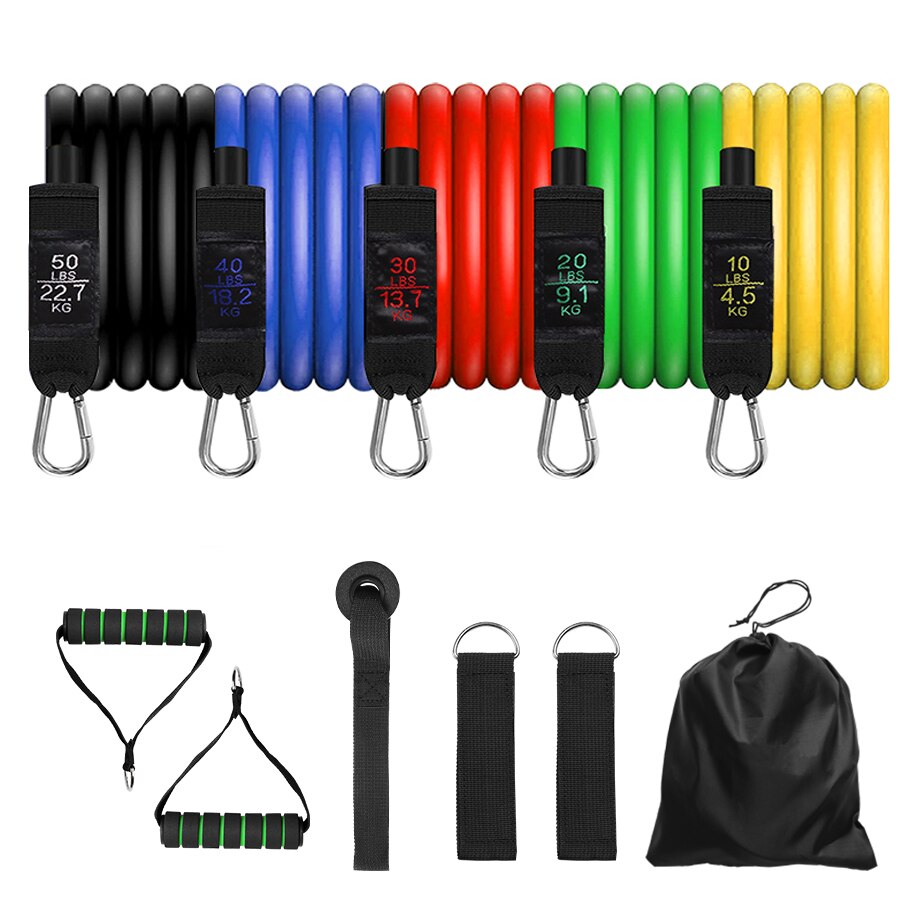 A set of colorful resistance bands with different resistance levels, accompanied by foam handles, ankle straps, and a door anchor, all laid out on a white background.